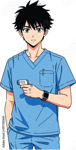 Anime style male healthcare professional in light blue scrubs holding a digital thermometer for temperature check