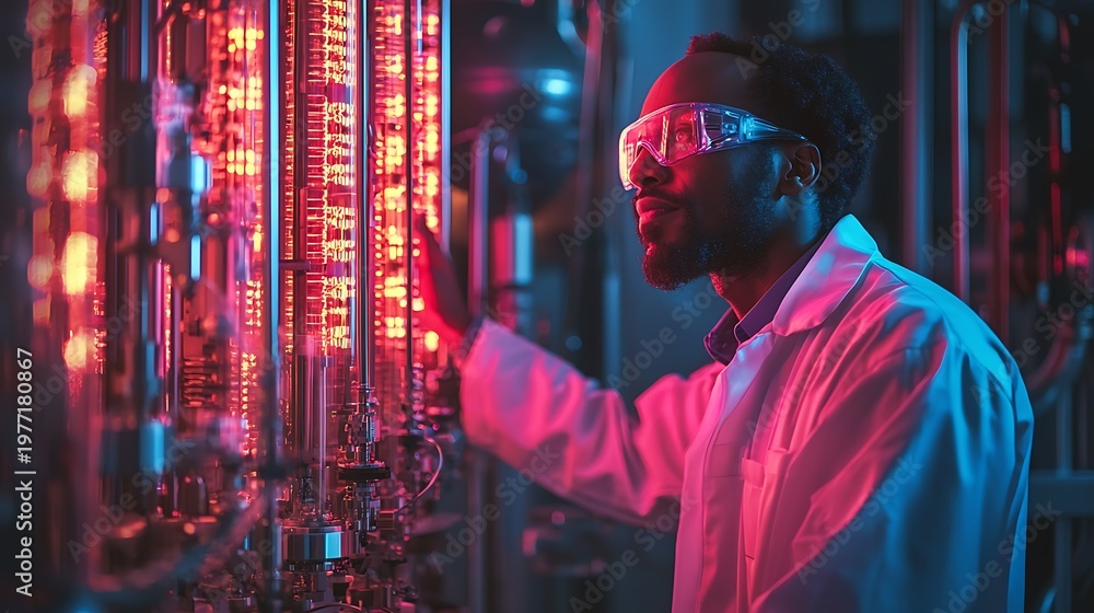 Obraz premium Scientist in protective glasses examines glowing tubes in a high tech laboratory