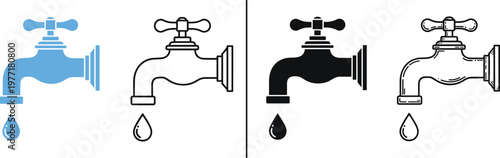Water tap icon set with dripping faucet symbols plumbing equipment minimal outline and solid vector illustration collection isolated on white background