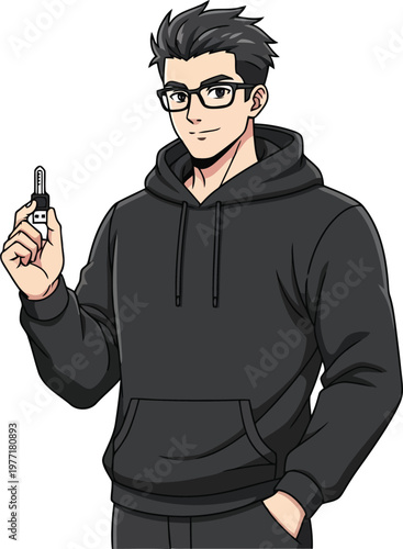 Young man wearing glasses and a black hoodie holding up a USB flash drive isolated on transparent background