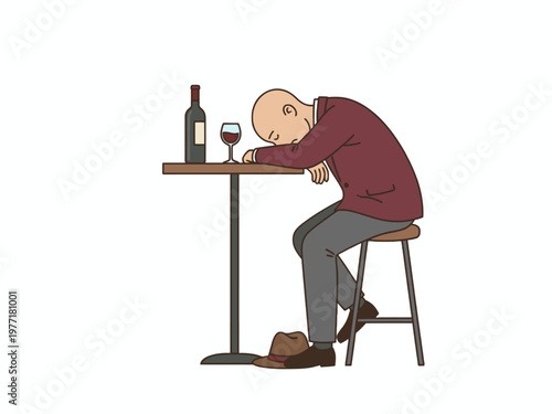 Bald man sleeping on bar table with wine bottle illustration