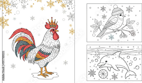 Winter animal coloring page set with rooster bird and dolphin festive hand drawn outline vector illustration for kids activity and holiday design