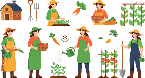 Women farmers gardening vector set with planting harvesting watering vegetables and farm activities illustration isolated on white background