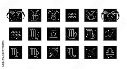 Astrology symbols are presented inside small squares on a white.