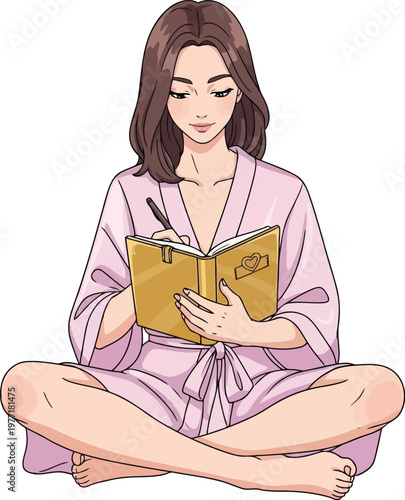 A young woman wearing a pink robe sits crosslegged while writing in a journal with a pen