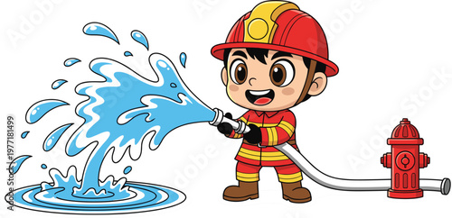 Cartoon Firefighter Kid Spraying Water from Fire Hydrant, Playful Emergency Response Design for Kids