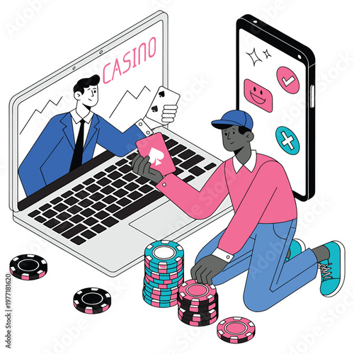 Isometric illustration of man using laptop and smartphone for online gambling activities.