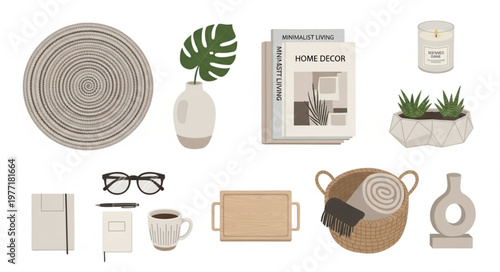 Modern Home Decor Objects Collection Isolated on White Background.