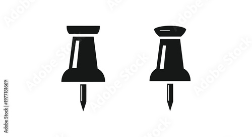 Two black push pins displayed on a white background