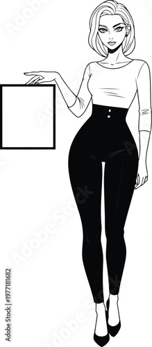 Stylish woman in elegant attire presenting a blank frame while looking confidently at the viewer with a friendly smile