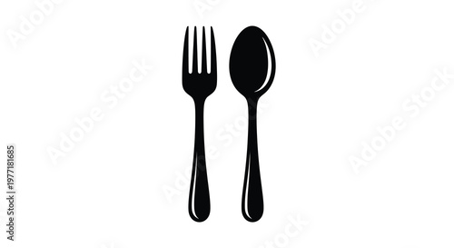 Simple black and white illustration of a fork and spoon side by side