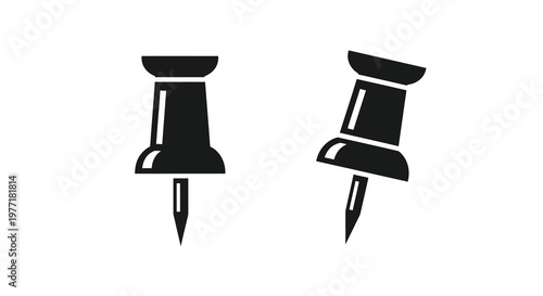 Two black push pins displayed against a stark white background