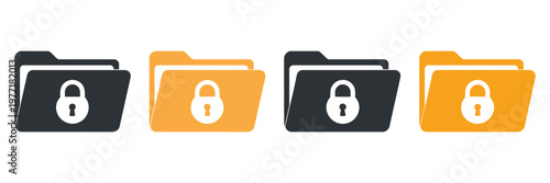 Locked folder vector icon collection with security symbols, protected file storage elements, data privacy icons and modern cybersecurity illustration set for digital protection and information safety