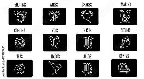 Constellation maps display the twelve major signs of the night sky.