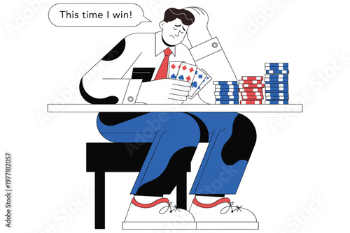 Man gambling at poker table, holding cards, looking unhappy with losing money.