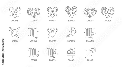 Astrology icons featuring refined line art designs represent the.