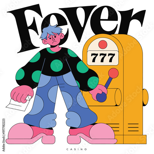 Man feeling sick by slot machine with text casino and fever.