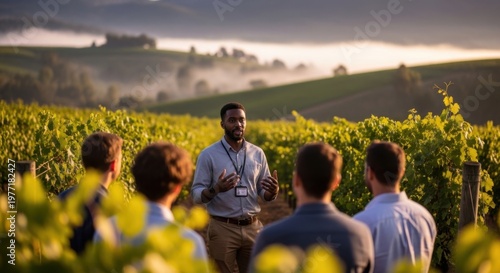 Wine tour group listening to a guide in a vineyard with misty hills for tourism background and promotional banner