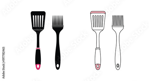 Black and white illustration of kitchen spatulas and forks