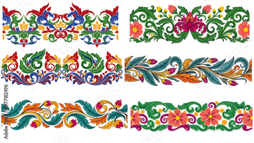 Vibrant Sri Lanka traditional floral pattern with lotus motifs, seamless vector borders and colorful Asian cultural temple wall design collection.