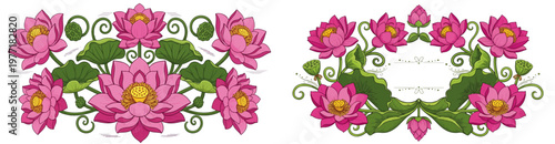 Beautiful traditional Sri Lankan floral pattern with lotus motifs, seamless vector frames and beautiful Asian temple border design.