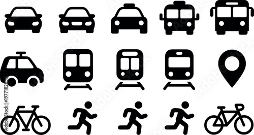 Urban Transportation Icon Set with Cars Bus Taxi Train Bicycle Running People and Location Pin Solid Black Symbols Collection