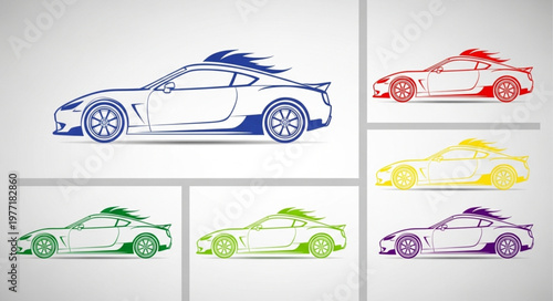 Collection of stylized sports car illustrations in various colors.