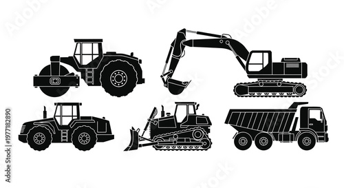 Black silhouette illustrations of various construction vehicles and equipment