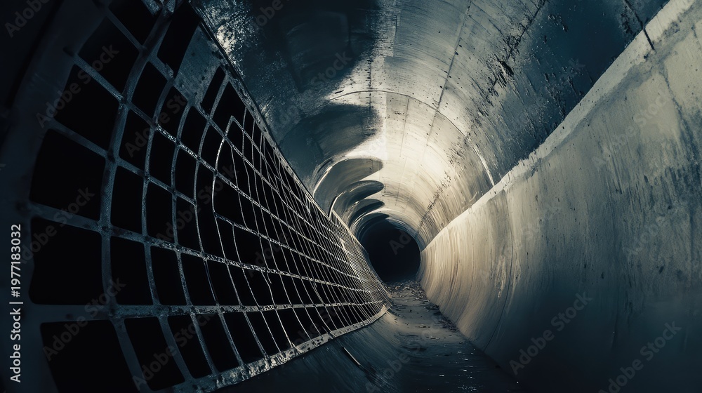 Fototapeta premium Underground tunnel featuring a protective metal grate along its curved concrete wall, creating a sense of enclosed space and mystery with harsh lighting