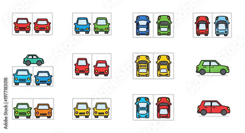 Collection of colorful cartoon cars arranged in rows.