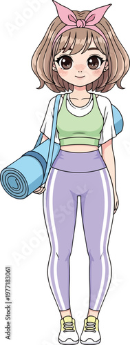 Anime girl with athletic wear and yoga mat ready for a fitness class or workout session