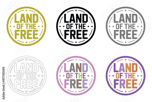 Land of the free text is featured in six distinct circular emblem logo designs.