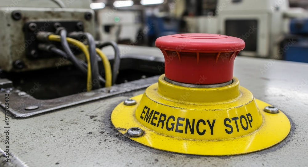 Fototapeta premium Emergency stop button with industrial context, representing safety and urgency in a factory setting.
