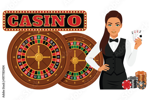 Professional female casino dealer with roulette wheels and playing cards with poker chips.