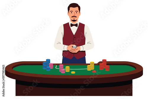 Professional male croupier standing at green poker table with colorful stacks of betting.