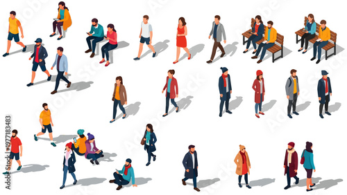 Multicultural people walking, sitting, and talking in active urban lifestyle scene with dynamic poses, modern vector illustration crowd collection.