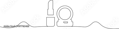 A minimalist line drawing of makeup products on a wavy surface