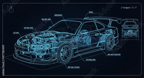 Detailed Blueprint of a Sports Car Engine and Chassis.