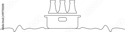 A minimalist line drawing of a cooler with three bottles on top sitting on wavy lines