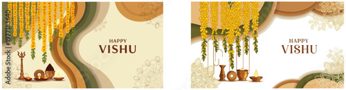 Traditional Indian Vishu festival celebration vector poster template with cultural Kerala elements, elegant festive design, vibrant floral decorations, and modern greeting layout.