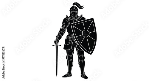 A black silhouette of a medieval knight holding a sword and shield