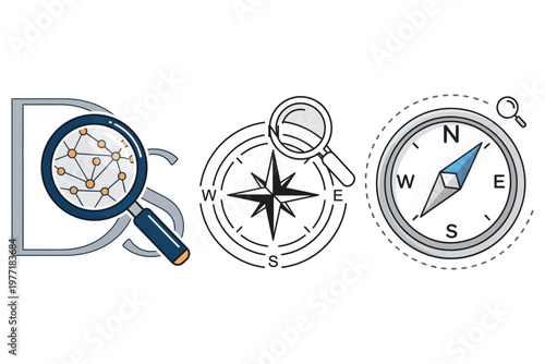 Navigation and exploration icons featuring a map magnifying glass compass rose and directional compass