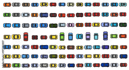 Collection of colorful cars viewed from above.