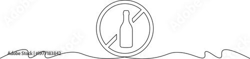 A simple line drawing of a no littering sign with a bottle symbol on a wavy line background