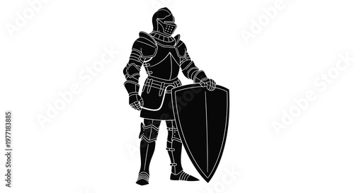A black silhouette of a medieval knight standing with shield and armor