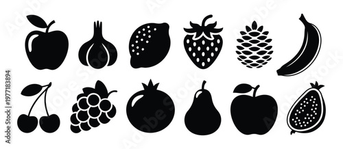 Black fruit and berry silhouettes in geometric flat style with scrapbook collage abstract shapes, modern organic composition and creative vector illustration for design projects