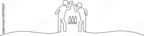 A minimalist line drawing of three people celebrating with champagne bottles on a simple landscape