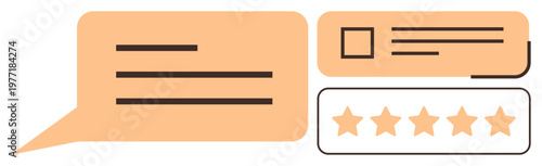 Customer feedback, user ratings, opinions analysis, online reviews, business evaluations, branding strategies. Speech bubble, rating stars and user card. Customer feedback and user ratings concept