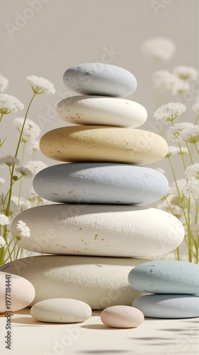 A serene and natural image featuring smooth, rounded stones gently resting on soft, yielding earth, set against a tranquil natural backdrop. 