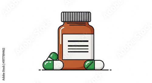 Medicine bottle with capsules and pills illustration.